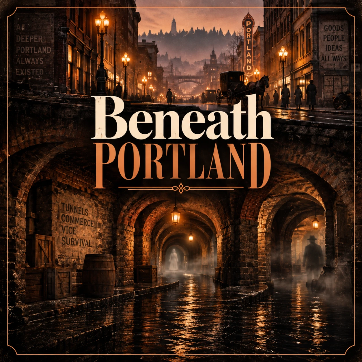 Beneath Portland editorial illustration showing historic Old Town streets above atmospheric underground brick tunnels