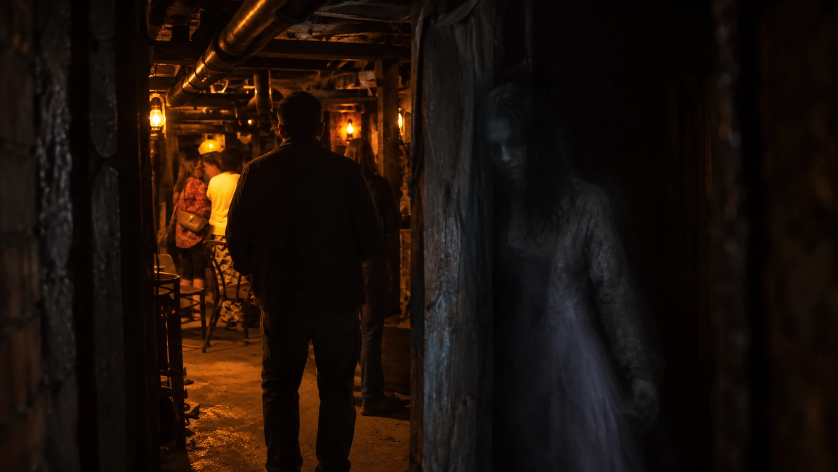 Photorealistic artistic representation of a pale woman ghost appearing behind a post.