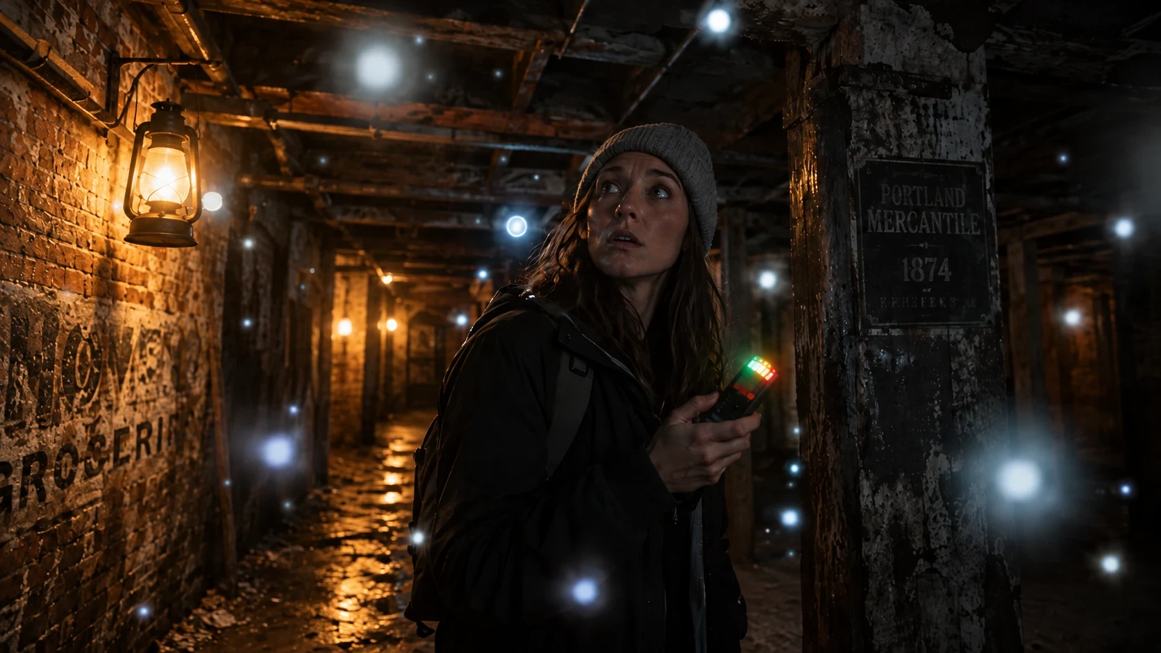 Photorealistic artistic representation of a woman surrounded by strange supernatural orbs inside the Shanghai Tunnels.
