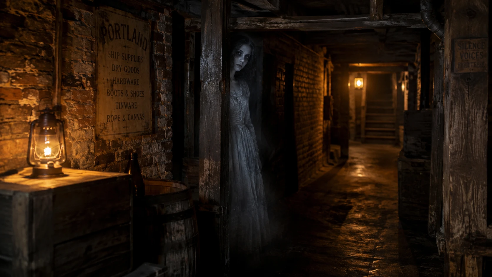 Ghostly figure in Portland’s underground illustrating Old Town Shanghai Tunnel folklore