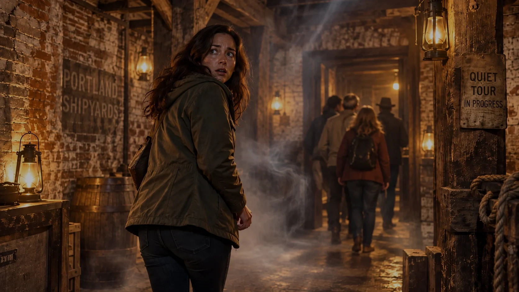 Photorealistic artistic representation of a woman who reportedly felt several tugs on her jacket from a supernatural entity inside the Shanghai Tunnels.