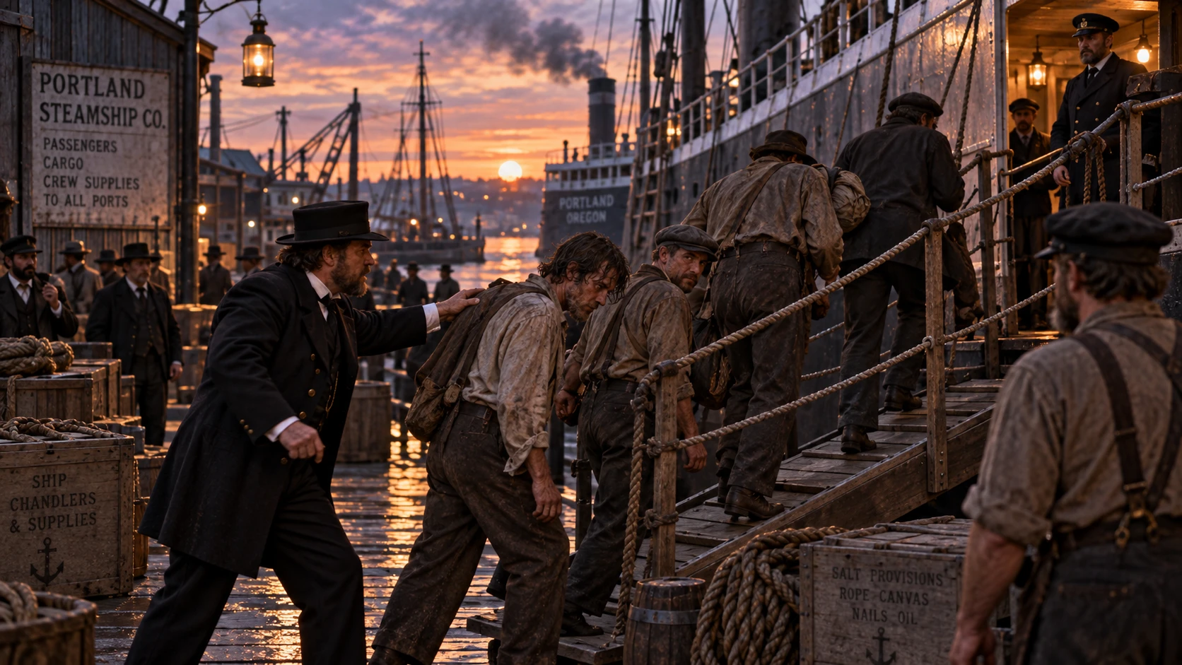 Men boarding a ship on Portland’s historic waterfront during the era of shanghaiing and crimps