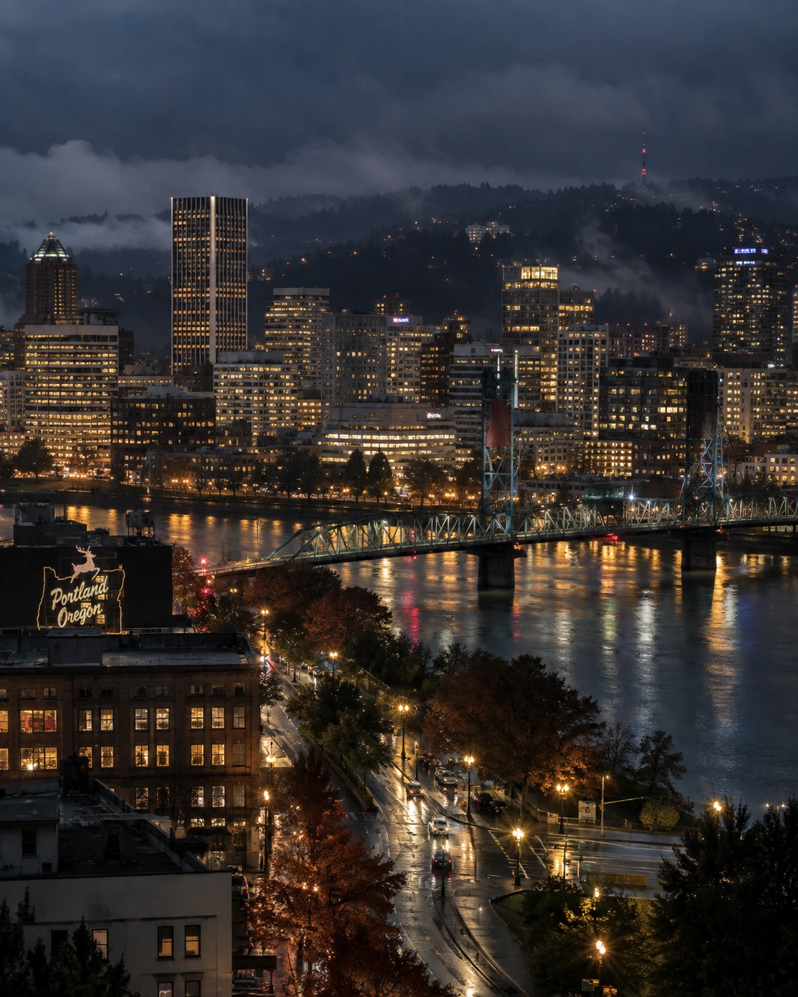 Portland nightlife at night with city lights, bars and Old Town atmosphere