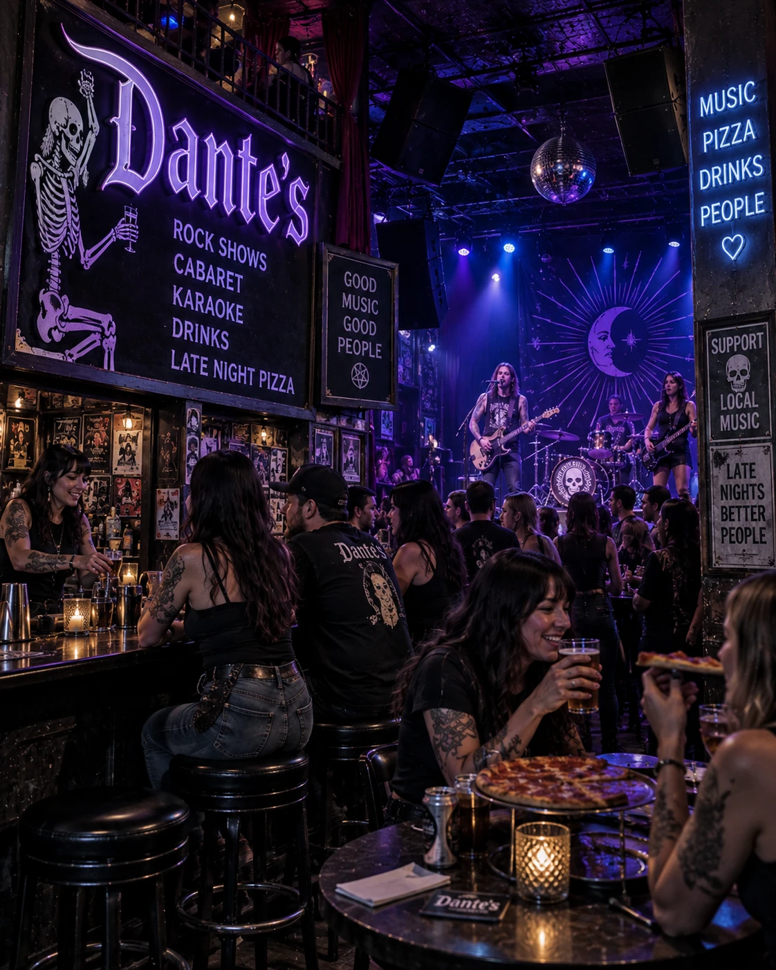 Portland live music club with rock band, crowd, bar and late-night pizza