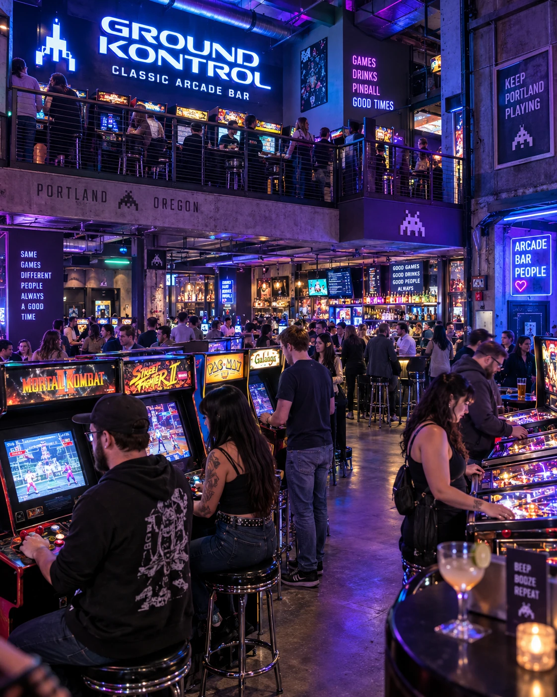 Two-story Portland arcade bar full of classic games, pinball and nightlife