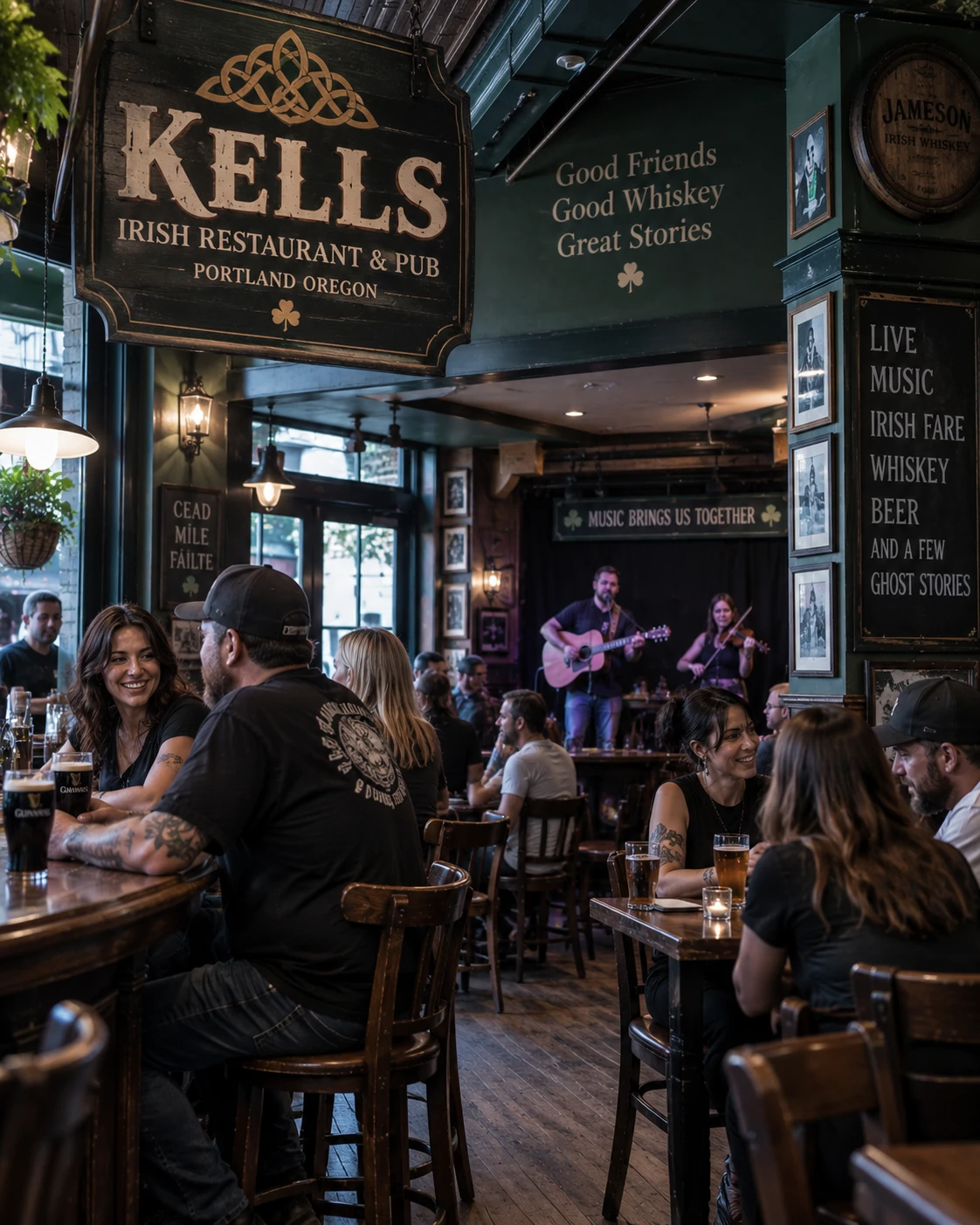 Portland Irish pub with whiskey, beer, live music and a busy evening crowd