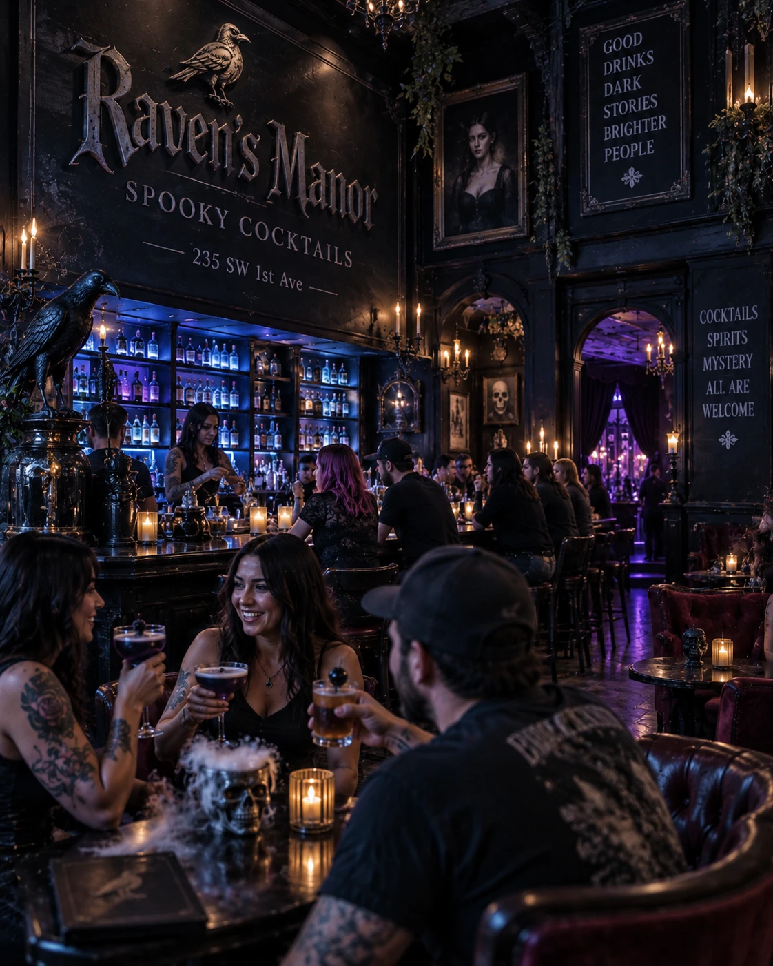 Gothic Portland cocktail lounge with theatrical spooky drinks and candlelit atmosphere