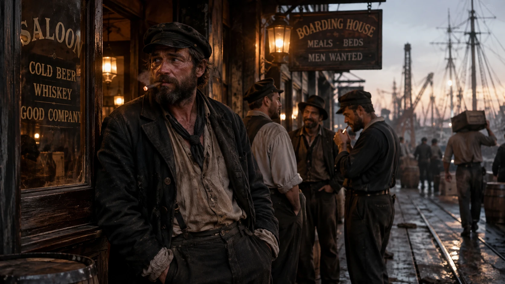 Historic sailors and Portland waterfront scene illustrating the Shanghai Tunnels myth and reality
